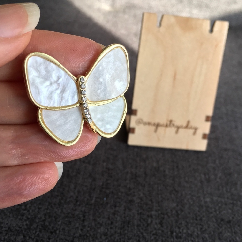 Butterfly Mother of Pearl + Rhinestone Fashion Brooch, Pin, Sparkly, Festive